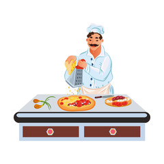 Professional chef in white uniform makes pizza on the table. Vector illustration in flat cartoon style.