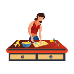 Cute girl cuts a lemon with bananas on a plank. Vector illustration in flat cartoon style.