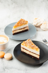 pear chocolate cake on gray plate on marble background. Selective focus. Vertical photo. Menu for bakery. cafe menu. Pastry. Delicious and sweet dessert at cafe restaurant.