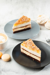 pear chocolate cake on gray plate on marble background. Selective focus. Vertical photo. Menu for bakery. cafe menu. Pastry. Delicious and sweet dessert at cafe restaurant.