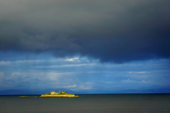 The island Munkholmen located in the Trondheim fjord near the norwegian city Trondheim, during amazing storm.
