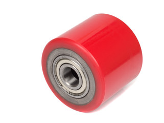 An industrial roller for hoisting equipment made of red polyurethane isolated on a white