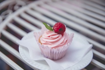 Fruity cupcake with whipped cream and raspberry on a plate