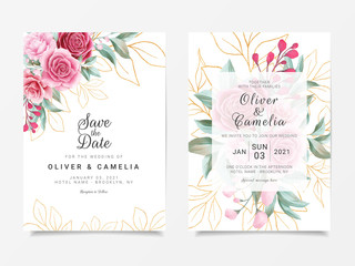Wedding invitation card template set with gold floral glitter decoration. Red and peach roses flowers background for save the date, invitation, greeting card, poster, multi-purpose