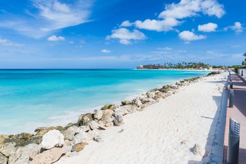 Beautiful view of coast line of Atlantic ocean on Aruba island. Gorgeous nature landscape backgrounds. Caribbean.