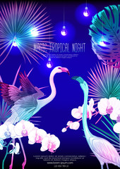 Tropical plants, flowers and birds. Template for night tropical party invitation, greeting card, banner, gift voucher, label. Colored vector illustration in neon, fluorescent colors..