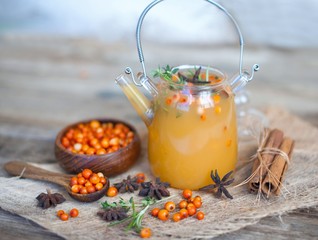 tea with Sea buckthorn . sea-buckthorn berries