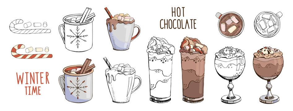 Set of hand drawn vector illustrations isolated on white. Hot chocolate with Christmas candy cane and marshmallow. Design of cocktails for menu decoration. New Year mood board. Contour and color