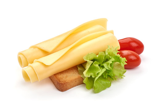 Hard Dutch gouda cheese slices, isolated on white background