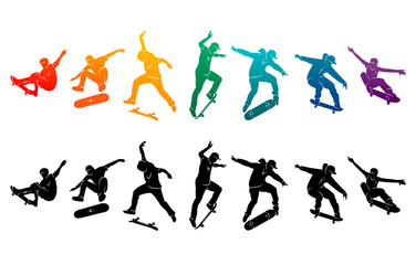 Skate people silhouettes skateboarders colorful vector illustration background extreme skateboard, skateboarding	