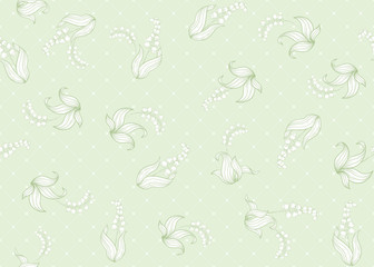 Lily of the valley, may-lily Seamless pattern, background. Vector illustration. In art nouveau style, vintage, old, retro style. On tea green background..