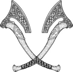 Vector image of two fighting axes of Vikings. Triskele. Illustration of Scandinavian myths. Odin sign. Runes: victory, fight, power. Celtic sacral symbol. Vector illustration.