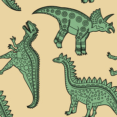 Dinosaurs seamless pattern on a beige background.