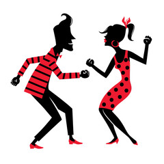 Silhouette girls and men. They dance the twist.