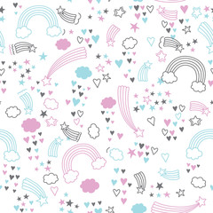 Seamless pattern stars and comets and heart.