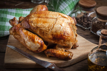 Whole roasted chicken.