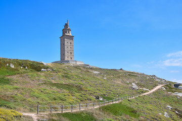 Fototapeta na wymiar Hercules tower, A corunna. Torre de hercules, La Coruña, Galicia, Spain.Tower of Hercules, is the oldest Roman lighthouse working.The Tower of Hercules is a World Heritage declared by UNESCO in 2009