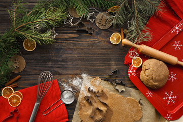 Baking background. Ingredients and kitchen tools for preparation of the Christmas cookies....