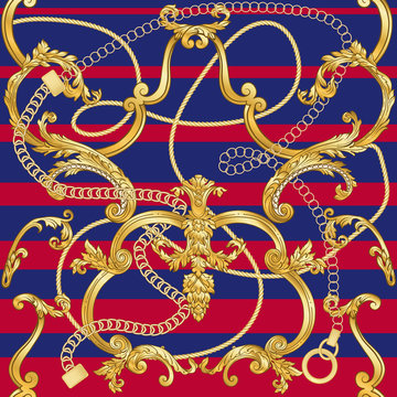 Baroco pattern and gold chains and belts seamless patterns for fabric design. Colored vector illustration. On red and blue stripes background..