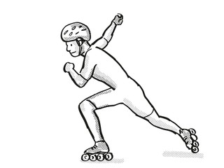 Fototapeta na wymiar athlete skater inline speed skating Cartoon Retro Drawing
