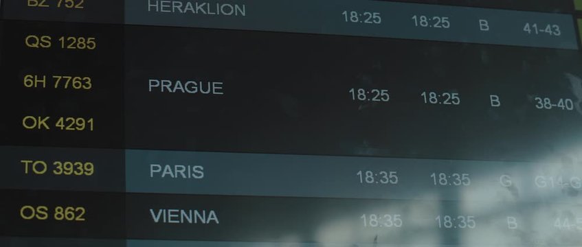 Flight status information changing on airport timetable screen. Destination, boarding gates, flight status changing. BMPCC 4K