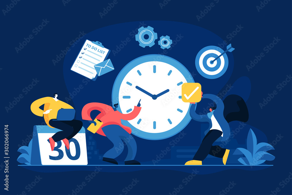 Sticker Work schedule, timetable managing. Workflow organization. Effective work scheduling. Time management, effective time spending, time planning concept. Vector isolated concept creative illustration