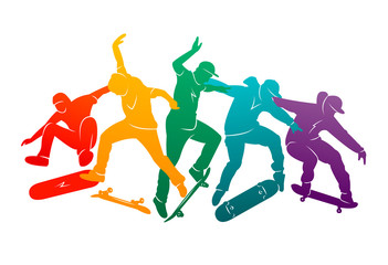Fototapeta na wymiar Skate people silhouettes skateboarders colorful vector illustration background extreme skateboard, skateboarding 