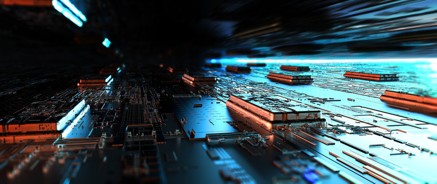 Printed circuit board futuristic server/Circuit board futuristic server code processing. Orange, green, blue technology background with bokeh. 3d rendering © spainter_vfx