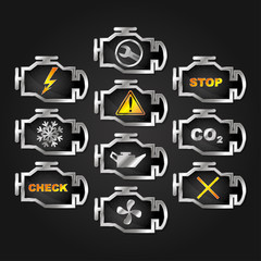 Engine check auto warning indicators diagnostics icon set