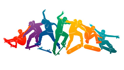 Skate people silhouettes skateboarders colorful vector illustration background extreme skateboard, skateboarding	