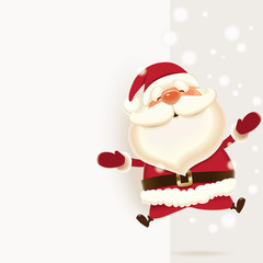 Santa Claus jumping next to white blank signboard isolated on a grey background,Christmas greeting card