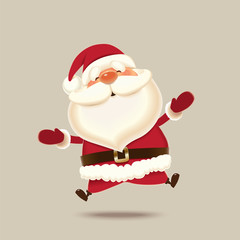 Smiling Santa Claus jumping up isolated on beige background, Christmas greeting card
