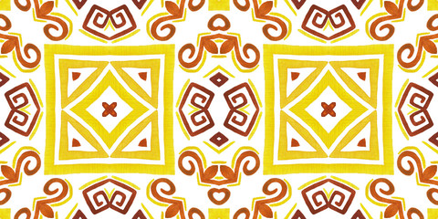 Embroidery in the traditions of Peru, Aztecs and Maya. Geometric folk ornament fabric.  Colorful seamless pattern in Spanish, Mexican, African,  American Indian rug. Tribal embroidery. Old carpet.