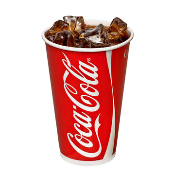  Los Angeles, California - May 17, 2019: Classic Coca-Cola in paper cup isolated on White Background. Coca-Cola Company is the most popular market leader in USA