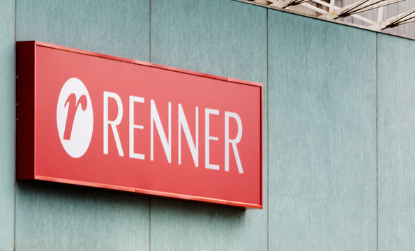 November 11, 2019, Brazil. In this photo illustration the logo of Lojas Renner, a chain of Brazilian department stores on the facade of a mall