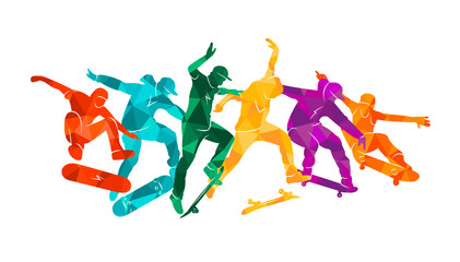 Fototapeta na wymiar Skate people silhouettes skateboarders colorful vector illustration background extreme skateboard, skateboarding 