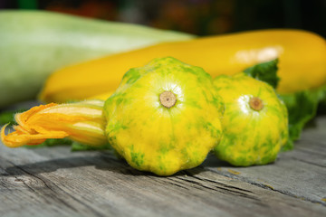 Squash and zucchini  on a wooden background. Harvesting, Healthy Eating, Organic Products