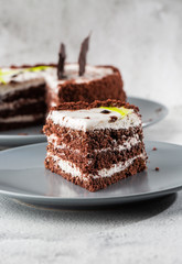 Delicious chocolate cake with white coconut cream on plate on table on marble background. Wallpaper for pastry cafe or cafe menu. vertical.
