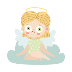 Blond girl angel sitting on cloud vector illustration