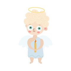 Kid angel with wings and halo holding candle vector illustration