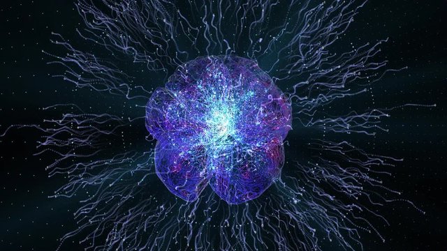 Digital animation of a rotating blue brain with simulation of neurons, surrounding particles and numbers