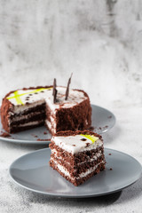 Delicious chocolate cake with white coconut cream on plate on table on marble background. Wallpaper for pastry cafe or cafe menu. vertical.