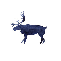 Watercolor silhouette of blue reindeer