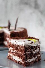 Delicious chocolate cake with white coconut cream on plate on table on marble background. Wallpaper for pastry cafe or cafe menu. vertical.
