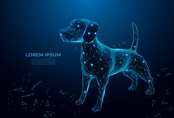 Futuristic dog. Cute funny dog form lines and triangles on blue background. Polygonal wireframe puppy on blue night sky with dots and stars. Polygonal wireframe mesh art, poly low. 