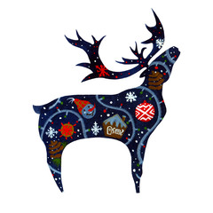 Watercolor silhouette on white background of standing blue reindeer with raised head and color winter holliday theme patterns on body