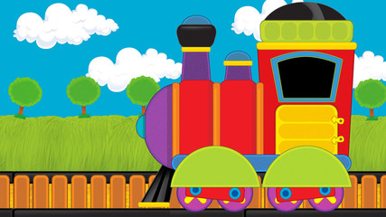 Cartoon funny looking steam train going through the meadow - illustration for children
