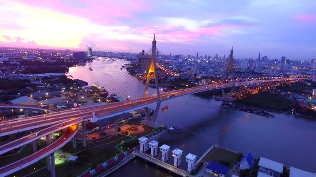 aerial view of bhumibol bridge and chaopraya river in bangkok thailand