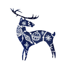 Watercolor silhouette on white background of standing blue deer with white winter holliday theme patterns on body