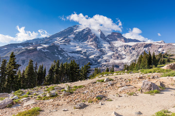 The majestic summit of Mt. Rainier dominates the view in Mt. Rainier National Park. Mt. Rainier is a dormant volcano in the Cascade Mountain Range. © Phil Lowe